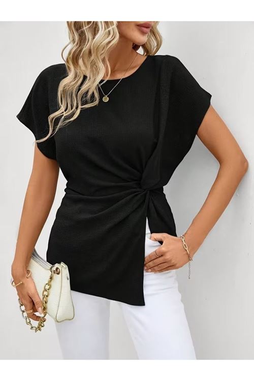 Kadın Kısa Kollu Yuvarlak Yakalı Yandan Sarmal Detaylı Bürümcük Bluz
