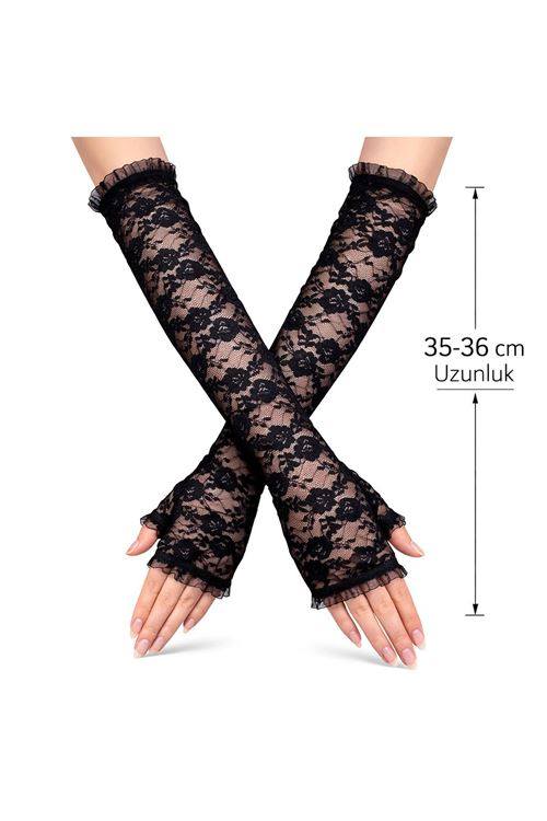 Uzun Zarif Dantel Eldiven Parmaksız Siyah