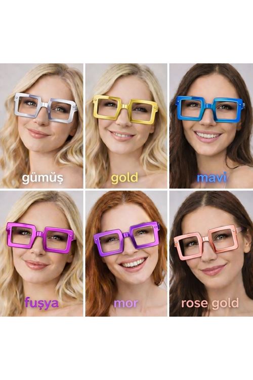 Kare Şekilli Camsız Parti Gözlüğü 12 Adet – 6 Renk