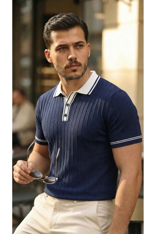 Erkek Düğme Yakalı Kontrast Yaka Triko Tişört