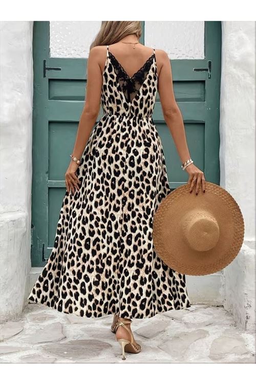Kadın Ip Askılı Yuvarlak Yakalı Arkası V Yakalı Yırtmaçlı Uzun Leopar Desenli Süprem Elbise