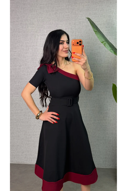 Kadın Tek Omuz Fiyonk Detaylı Midi Boy Elbise