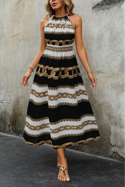 Kadın Kolsuz Boyundan Bağlamalı Beli Lastikli Dijital Baskı Süprem Uzun Elbise