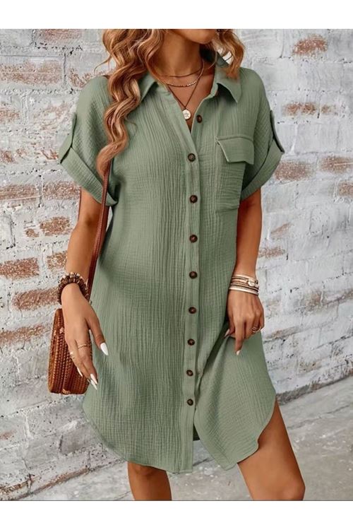 Kadın Kısa Kollu Yakalı önden Düğmeli Bürümcük Kısa Elbise