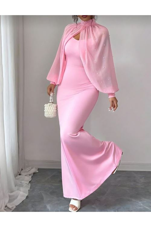 Kadın Balıkçı Yaka İnci Ve Tül Detay Dalgıç Kumaş Maxi Boy Elbise