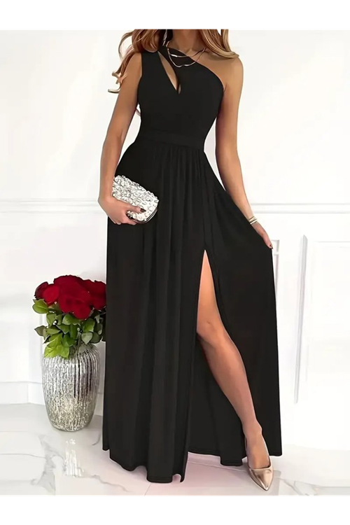 Kadın Omuzlardan Açık Asimetrik Yaka Detaylı Yırtmaçlı Maksi Boy Janjan Krep Elbise