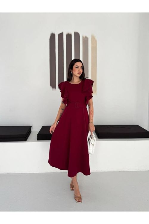Kadın Bisiklet Yaka Kollar Fırfırlı Kemer Dahil Double Kumaş Midiboy Elbise