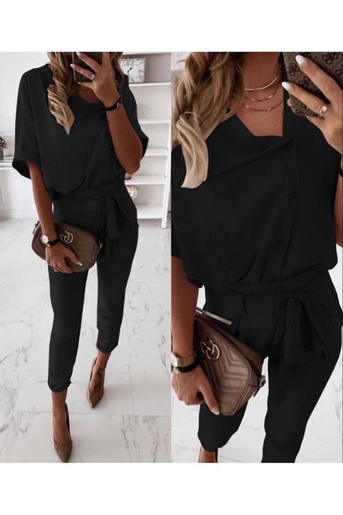 Kadın Kısa Kollu Yakalı önden Düğmeli Bürümcük Bluz Ve Pantolon Ikili Takım