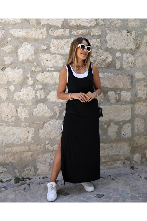 Kadın Askılı Yuvarlak Yakalı Cepli Yırtmaç Detaylı Viskon Elbise Ve Atlet Ikili Takım