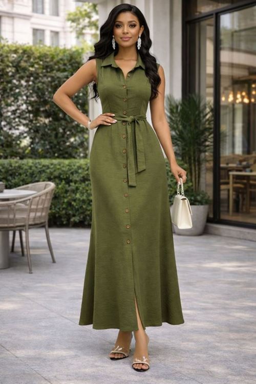 Kadın önden Düğmeli Beli Kuşaklı Maxi Boy Aerobin Kumaş Gömlek Elbise