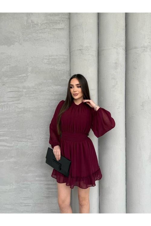 Kadın Yarım Balıkçı Yaka Kolları Transparan Astarlı Full şifon Elbise