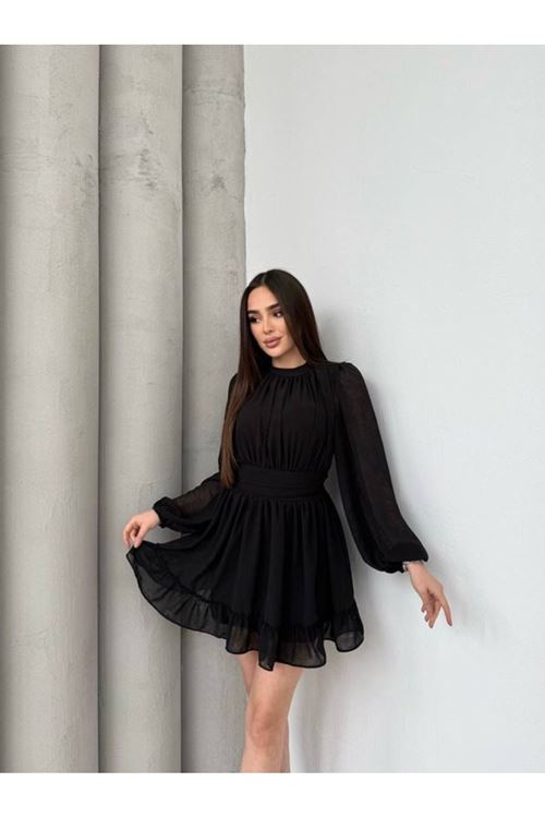 Kadın Yarım Balıkçı Yaka Kolları Transparan Astarlı Full şifon Elbise