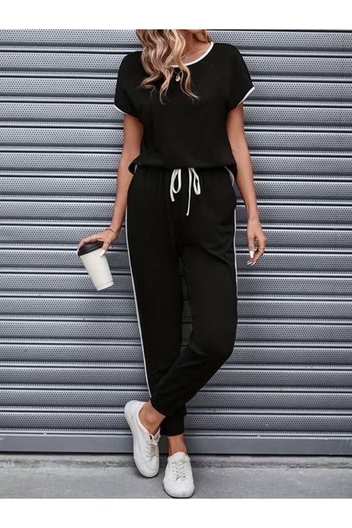 Kadın Kısa Kollu Yuvarlak Yakalı şerit Detaylı Viskon Iki Iplik Bluz Ve Pantolon Ikili Takım