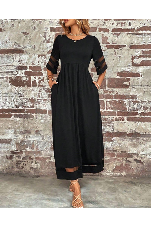 Kadın Kısa Kollu Bisiklet Yaka Tül Detaylı Janjan Krep Maksi Elbise