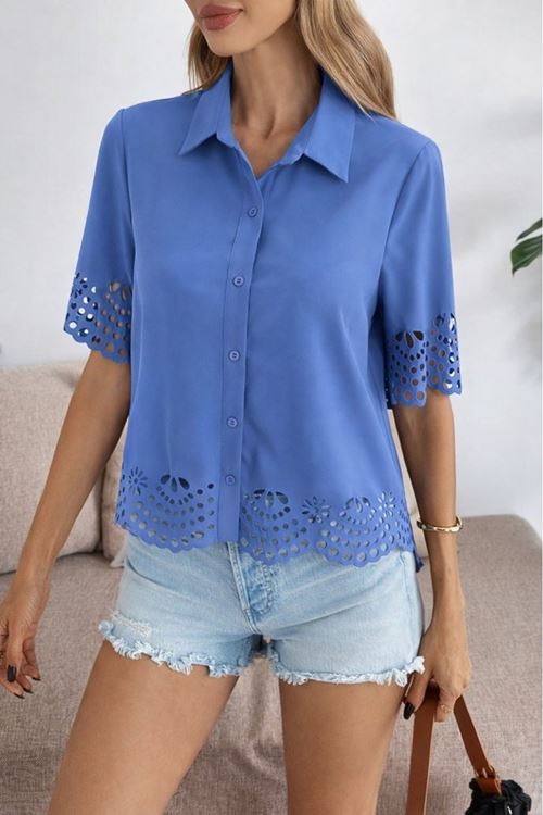 Kadın Kısa Kollu Yakalı önden Düğmeli Dubai Gömlek Bluz