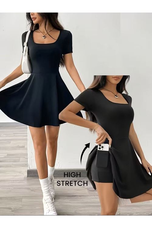 Kadın Kısa Kollu Kare Yakalı Cep Detaylı Dalgıç Elbise Tulum