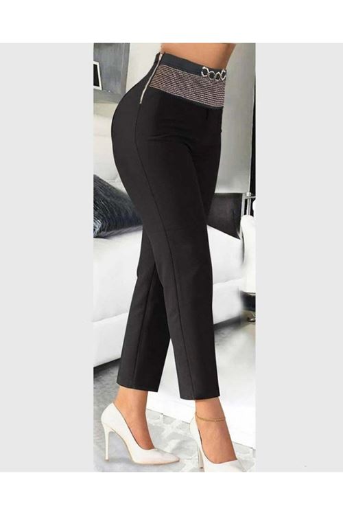 Kadın Yüksek Bel önden Taşlı Ve Tokalı Ithal Krep Pantolon