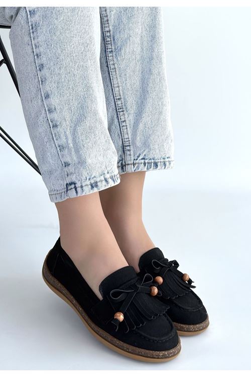Boriy Siyah Deri Tozu Süet Babet Ayakkabı