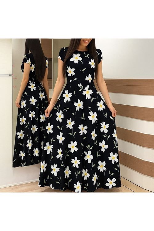 Kadın Kısa Kollu Bisiklet Yaka Puantiyeli Maksi örme Krep Elbise