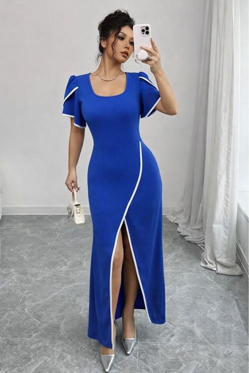 Kadın Kısa Kollu Kare Yakalı önden çapraz Kesim Detaylı Krep Elbise