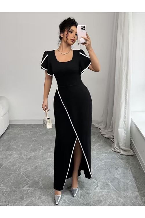 Kadın Kısa Kollu Kare Yakalı önden çapraz Kesim Detaylı Krep Elbise