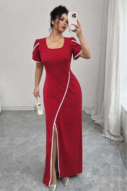 Kadın Kısa Kollu Kare Yakalı önden çapraz Kesim Detaylı Krep Elbise