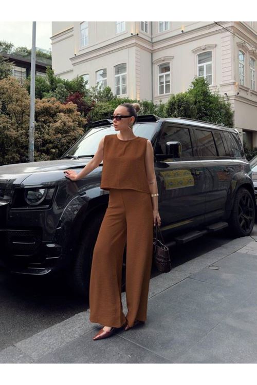 Kadın Geniş Paça Pantolon Ve Bluzlu Aerobin Kumaş Ikili Takım