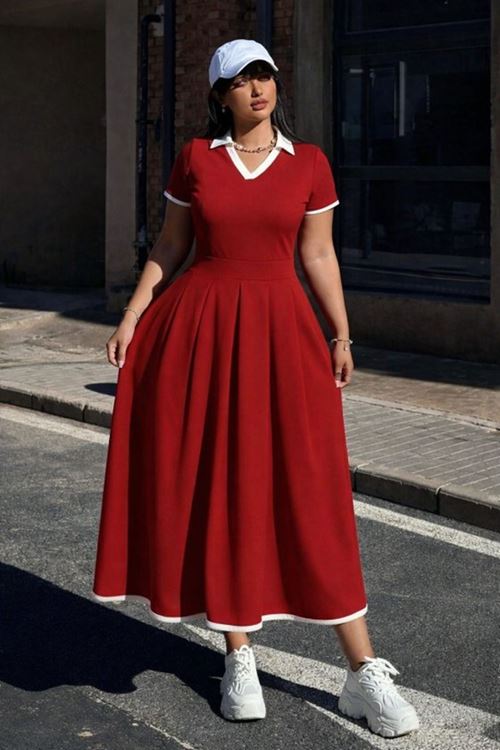 Kadın Kısa Kollu V Yakalı Pileli Uzun Janjan Krep Elbise