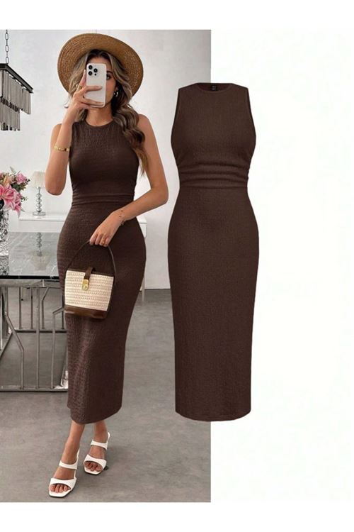 Kadın Askılı Bisiklet Yaka Beli Büzgülü Uzun Bürümcük Elbise