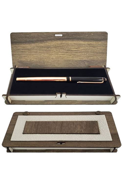 Ahşap Deri Kutulu Bakır Rengi Roller Kalem