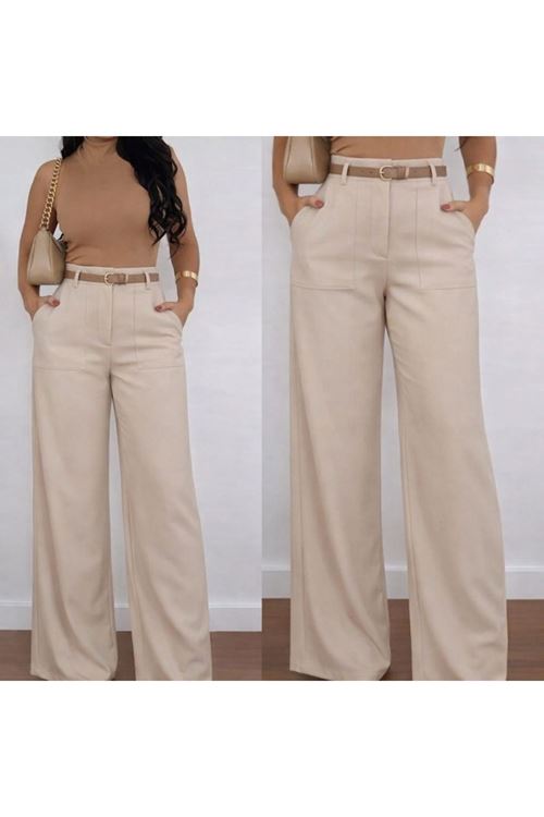 Kadın Yüksek Bel Geniş Paça Detaylı Cepli Ithal Krep Pantolon