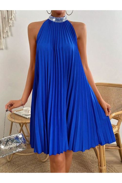 Kadın Balıkçı Yaka Omuzlardan Açık Pılelı Kısa Janjan Krep Elbise