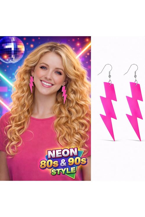 80’ler 90'lar Retro Neon Pembe Şimşek Küpe 10 cm