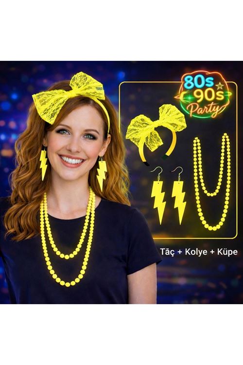 80’ler 90’lar Neon Sarı Parti Seti – Kolye Küpe Taç