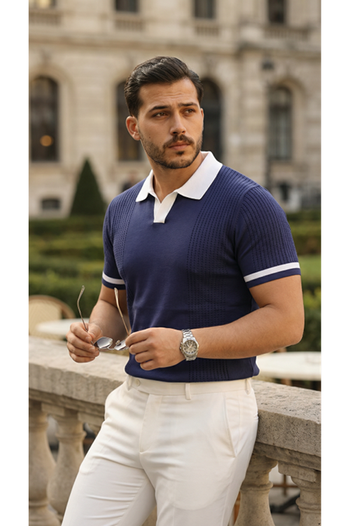 Erkek Renkli Yakalı File Desenli Kısa Kollu Tişört