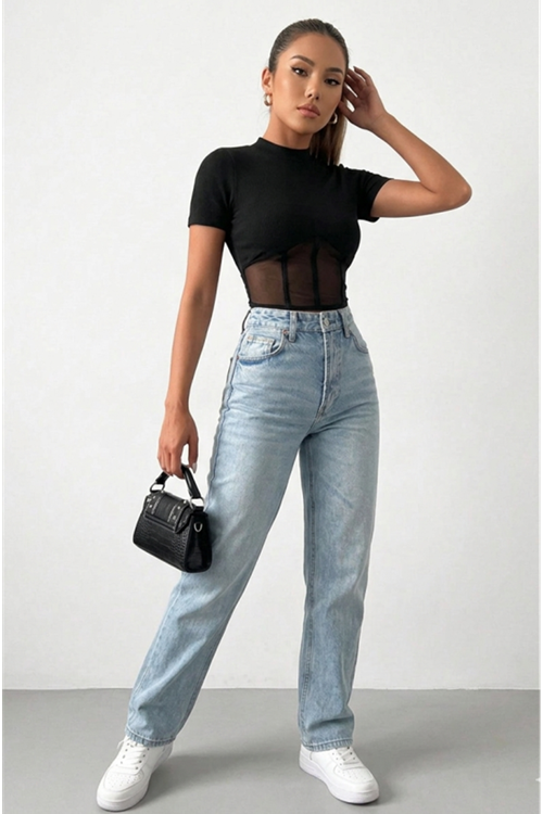 Kadın Transparan Detay Kısa Kol Kaşkorse Bluz