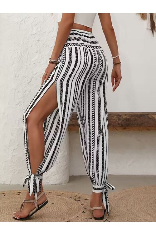 Kadın Yüksek Bel Desenli Paçadan Bağlamalı Yanları Yırtmaçlı Süprem Pantolon