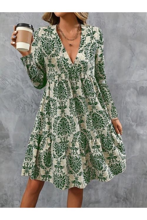 Kadın Uzun Kollu V Yakalı Fırfırlı Mini Süprem Elbise