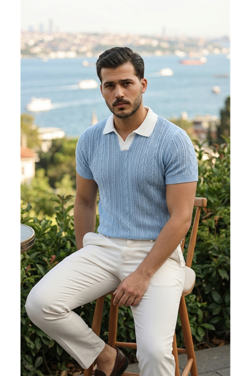 Erkek Desenli Kısa Kollu Triko Tişört - %100 Pamuk Akrilik