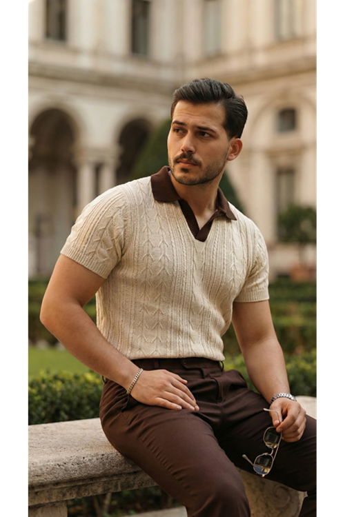 Erkek Desenli Kısa Kollu Triko Tişört - %100 Pamuk Akrilik