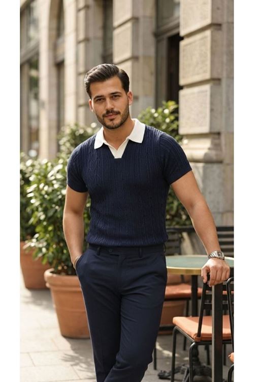 Erkek Desenli Kısa Kollu Triko Tişört - %100 Pamuk Akrilik