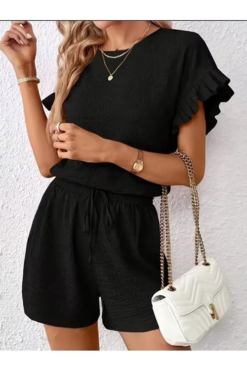 Kadın Kısa Kollu Bisiklet Yaka Bürümcük Bluz Ve Kısa Short Ikili Takım