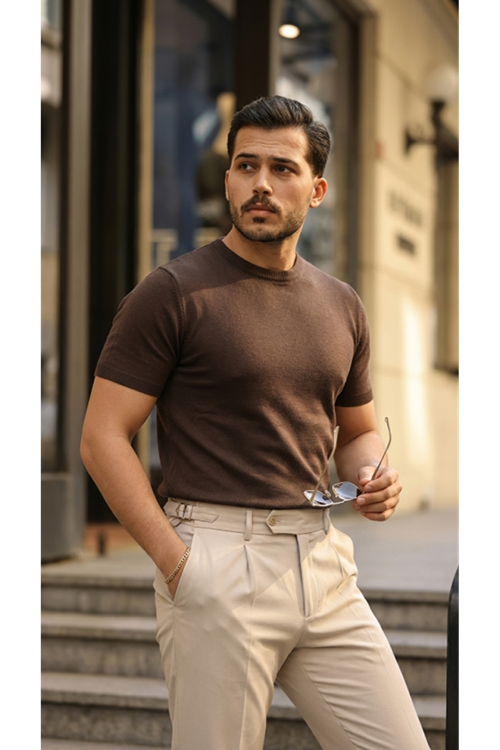 Erkek Basic Bisiklet Yaka Kısa Kollu Triko Tişört - %100 Pamuk Akrilik