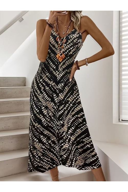 Kadın Ip Askılı V Yakalı Desenli Uzun Süprem Elbise