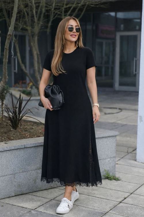 Kadın Kısa Kollu Bisiklet Yaka Yandan Yırtmaçlı Dantel Detaylı Uzun Viskon Elbise