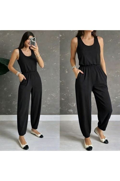 Kadın Askılı Yuvarlak Yakalı Cepli Viskon Tulum