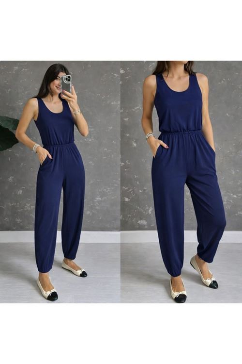 Kadın Askılı Yuvarlak Yakalı Cepli Viskon Tulum