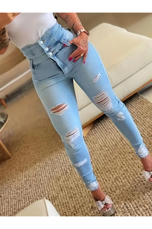 Kadın Yüksek Belli önden Düğmeli Yırtık Detaylı Kot Pantolon