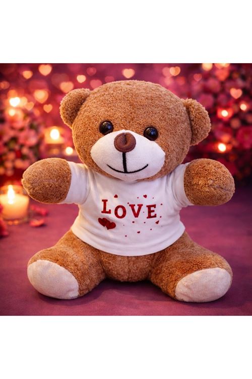 Love Baskılı Tişörtlü Kahverengi Peluş Ayıcık