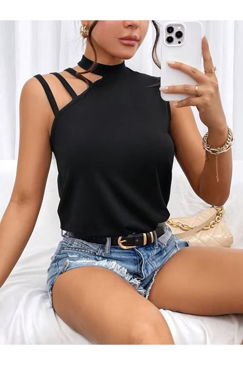 Kadın Omuzdan şerit Detaylı Yarı Balıkçı Yaka Viskon Bluz